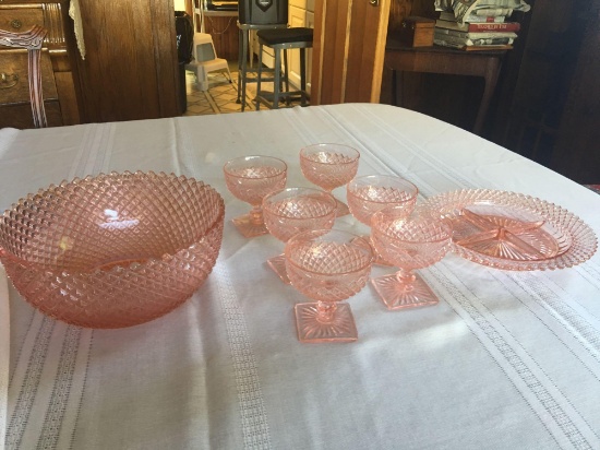 Pink depression: 9'' diameter bowl, 8 3/4'' diameter 4 section relish tray, six sherbets with square