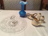 11 1/2''etched dessert plate with center handle, creamer, sugar and salt and pepper shaker set plus