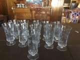 11 - 6 1/4'' tall short stem footed etched water glasses and 11 - 5 1/2'' tall short stem footed