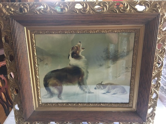 Vintage print of Collie dog in snow storm with Lamb