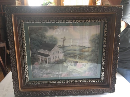 Linda Bennett, Amish print of old farmhouse and a clothes line. Beautiful oak ornate frame