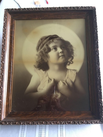 Ornate oak picture frame of little girl "Morning" (copyright 1891 by M.B.Parkinson)