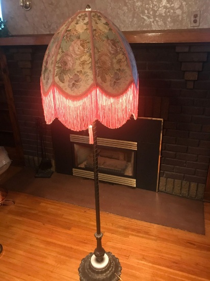 66" floor lamp with brass and Alabaster base and Victorian cloth shade