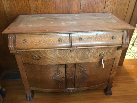 48 inch quartersawn sideboard with ornate design. Will have new oak veneer top included