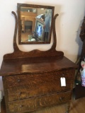 Tiger sawn Oak dresser with wishbone square beveled mirror, three drawers with skeleton locks (no