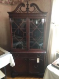 Mahogany hutch with 3 shelf display on top with glass doors, bottom storage, decorative applied