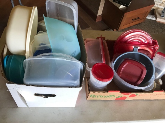 Two boxes of Rubbermaid and plastic ware