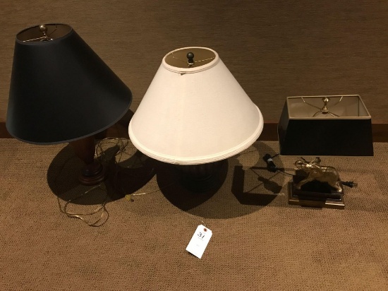 Elephant base desktop lamp, 2- oak base shade lamps.