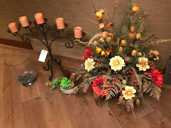 Fall flower arrangement, five place candle holder and glass vase