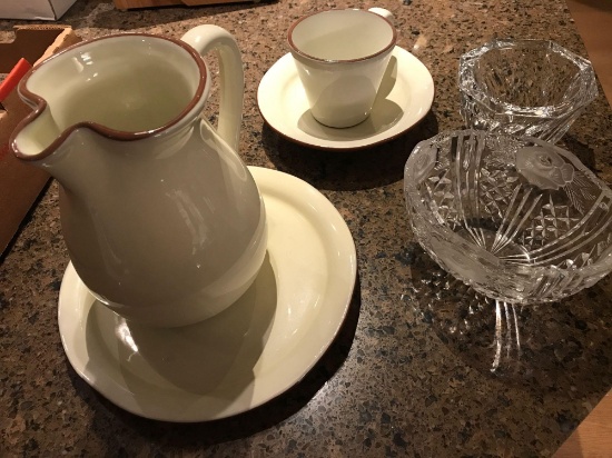 Thick glass candy dish, pressed glass dish and matching water pitcher plate saucer and cup