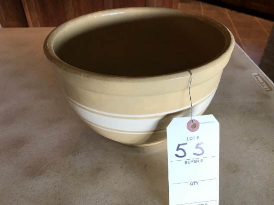 Watt Ware medium size crock bowl with cream stripe. Minor chip on bottom rim