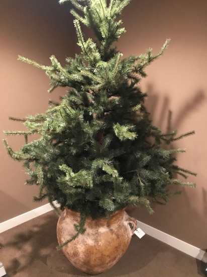 Large cement handled decorative pot and Christmas tree