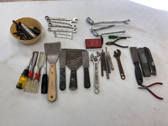 Assortment inc. Crescent Wrenches, Wood Chisels, Putty Knives, Hex Wrenches