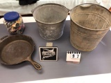 Assortment inc. Galvanized Buckets, Cast Frying Pan, Political Buttons