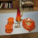 Orange glass vase, ashtray & pr. of candle holders.