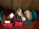 2-totes of Christmas decorations and 1- tote of baskets-picnic basket, and miscellaneous.