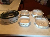 Rival large crockpot, and 4 matching cookware. No brand name posted. All 4 glass lids included!