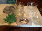 Punch bowl with 8 cups, various glass bowls, silver set, relish dish, Christmas plate and more.