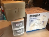 Kenmore water distiller, plastic file box and 2 plastic storage containers