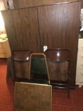 18'' D x 48'' W x 63'' H -2 Door wardrobe. Also includes vinyl chair, TV tray and 2 Samsonite brown