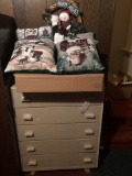 5- drawer blonde 32'' W dresser with 4 holiday Christmas pillows and large wreath. NO SHIPPING!