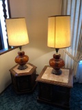 Octagon and square end tables with marble insert and 2 matching table lamps NO SHIPPING