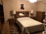 Matching 5-piece queen bed set, including large mirrored dresser, 2-nightstands and table lamps,