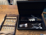 Spoon collection and spoon rack and silverware chest with miscellaneous older silverware/flatware