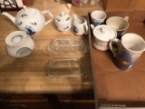 Delft teapot with candle warmer and matching cream and sugar Also to lidded glass butter dishes and