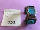 Quartz men's wrist watch with sterling/turquoise band