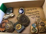 Legion, masonic, veterans and other belt buckles and lapels