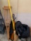 Wooden crutches, broom, umbrella, sleeping bag, cast-iron round pot with lid, small wicker basket