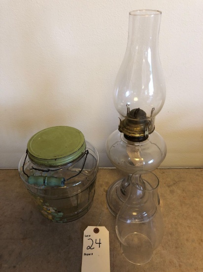 Kerosene lantern w/extra globe & Painted jar w/lid