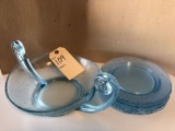 Blue etched double handle platter & 7 plates