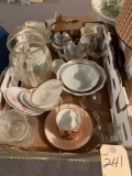 3 boxes: water pitcher, cups and saucers, bowls, aluminum childrens tea pots, ladies hat in original