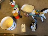 A Clown & Skunk piggy bank, Horse drawn planter, Ceramic pail