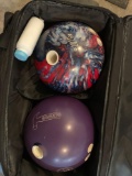 2 bowling balls in a rolling bag with shoes and accessories and 1 ball in a carry-on bag. No