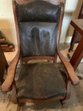 Old mission style leather seat and back platform rocker, Oak fern stand. No shipping