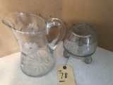 Lead crystal etched pitcher and flower vase