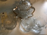 Creamer & sugar on tray, Etched lead crystal 2 handle dish & Gold trim platter w/gold trim dish &