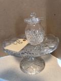 Cut glass cake plate on pedestal, Small glass jar w/lid