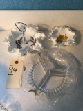 2 White scalloped dishes & 3 Section glass relish tray