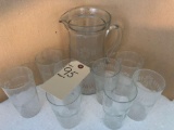 Etched glass pitcher w/8 matching glasses