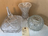Lead crystal 3 footed flower vase & covered candy dish w/steeple