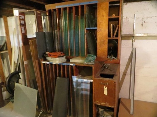 Large Assortment Glass Panes and Storage Cabinet