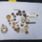 Assortment inc. Coins, Tokens, Brass Air Pressure Tester, RIng and Necklace Watch