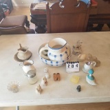Assortment Ceramic Figurines and Miniature Water Pitcher and Basins