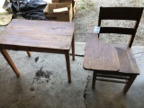 Vintage Wood Side Board School Desk and Wood Table