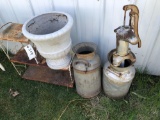 Assortment inc Milk Cans, Cistern Pump And Large Decorative Flower Pot