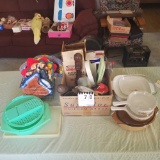 Assortment inc Glass Covered Cookware, Flour Sifter, and Potholders